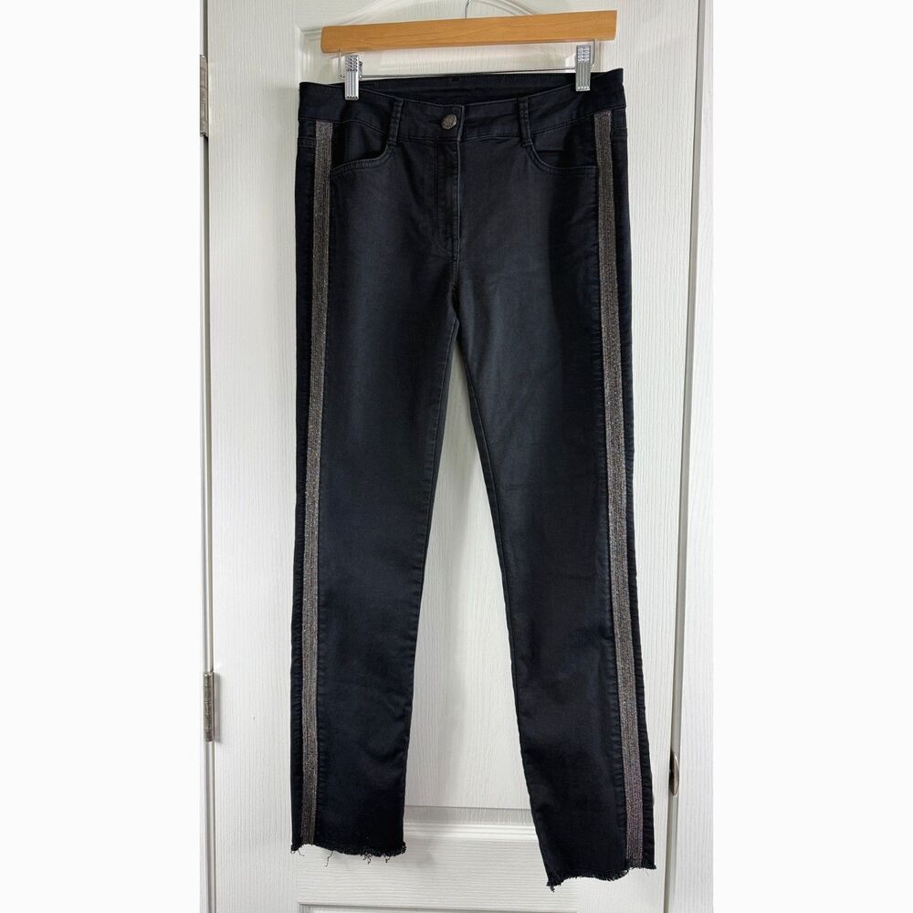 Lauren Vidal Paris Black Jeans Frayed Hem Silver Beaded Side Panels Women's S
